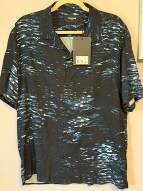 The Kooples Men's Blue Wave Print Camp Collar Shirt L Viscose